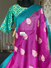 Tussar Silk Banarasi - Magenta Pink Rama Green Zari checkered