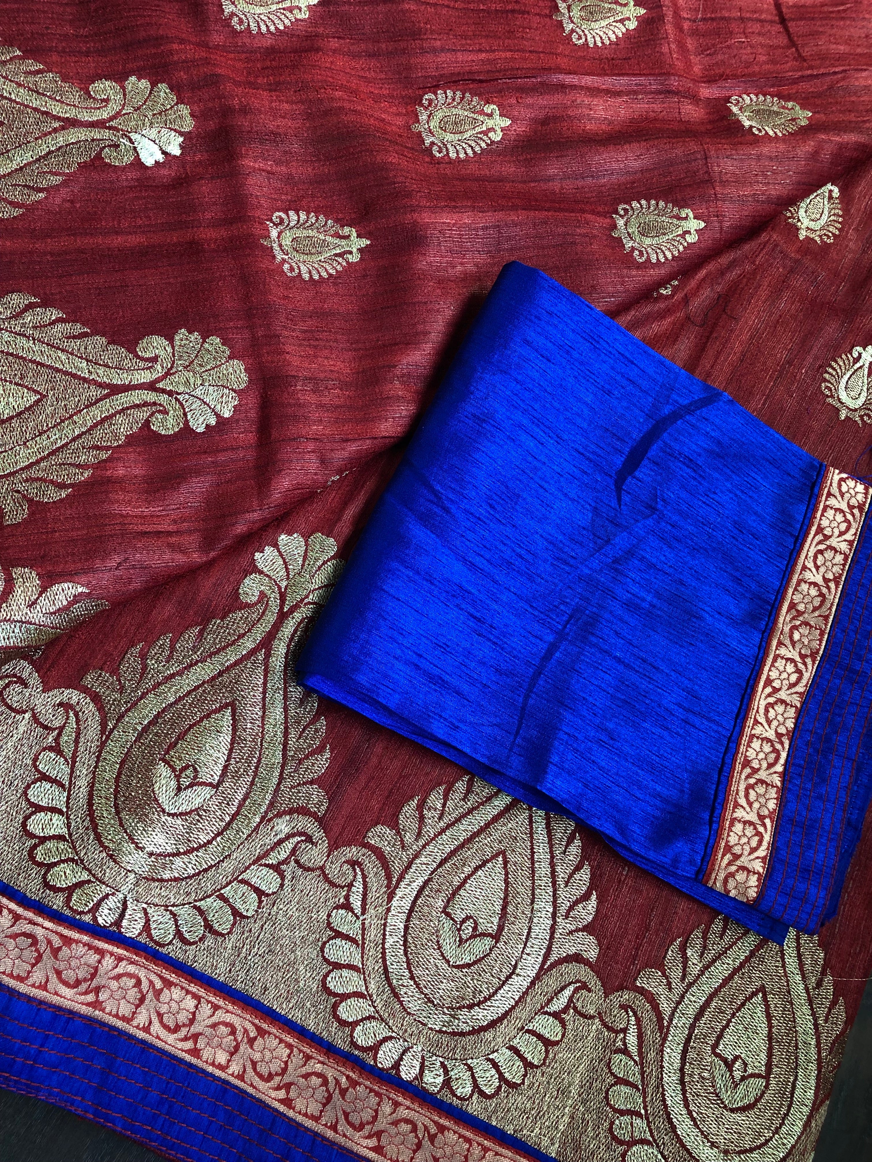 Designer Tussar Gicha Silk - Reddish Maroon Zari Motifs