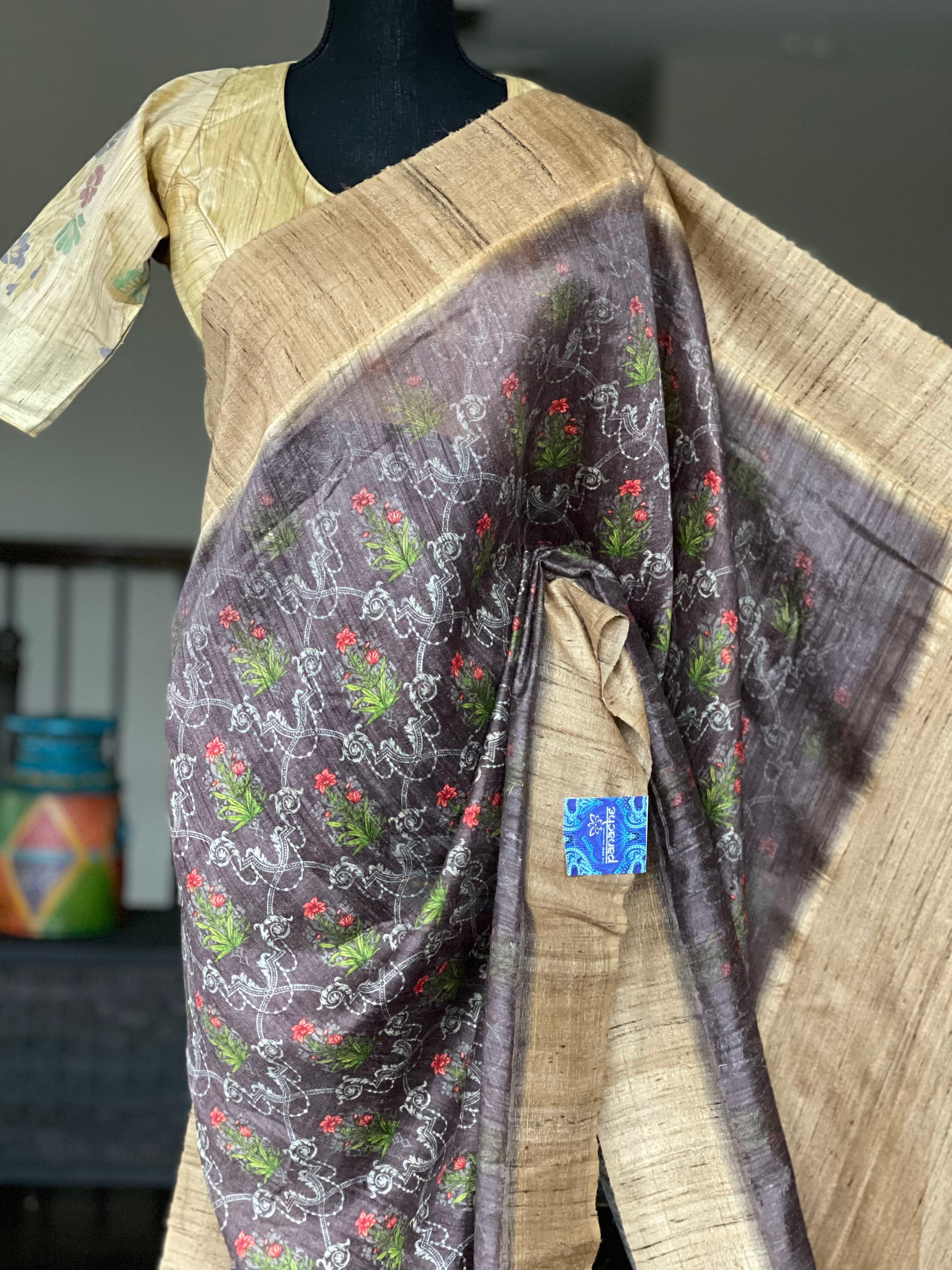 Pure Gicha Tussar Silk - Mauve  Brown Digital Printed