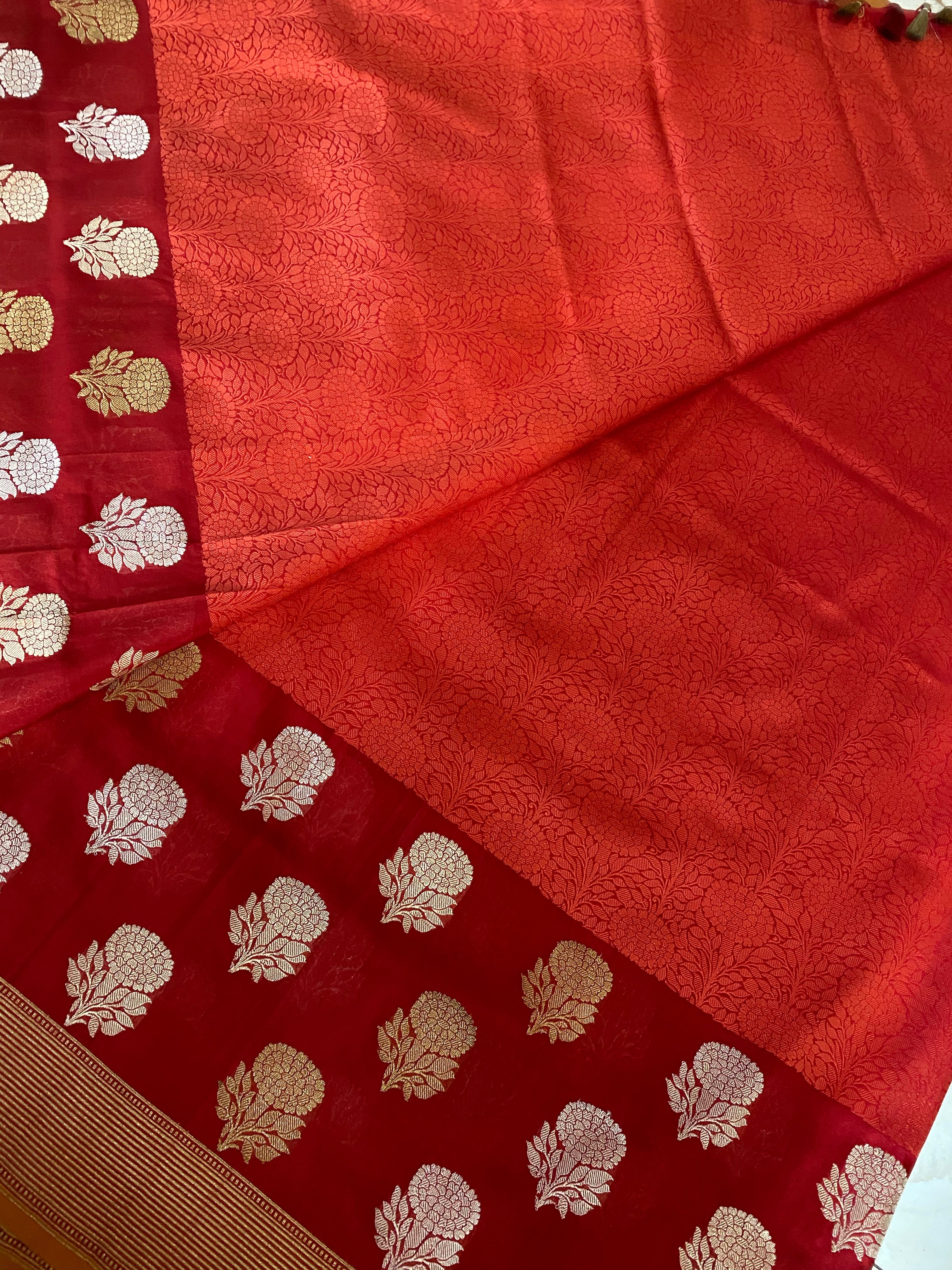 Pure Silk Tanchoi Banarasi - Reddish Rust Orange