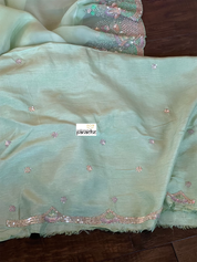 Designer Satin Organza - Mint Hand Embroidered