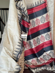 Pure Tussar Silk Printed -  Beige Red Black