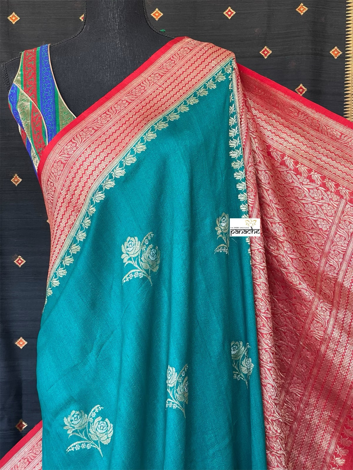 Tussar Georgette Banarasi - Rama Green Red Kadwa