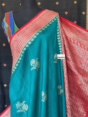 Tussar Georgette Banarasi - Rama Green Red Kadwa