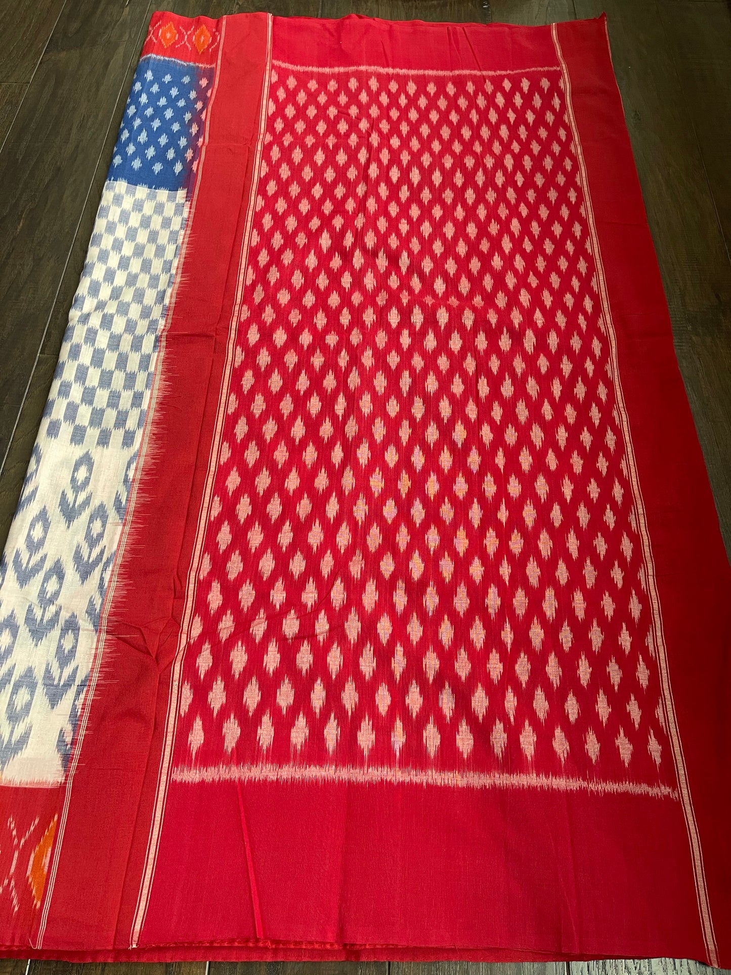 Pure Cotton Ikat  -  Off White Blue Red