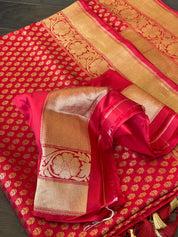 Pure Silk Banarasi - Red Buttidaar Antique Golden Zari