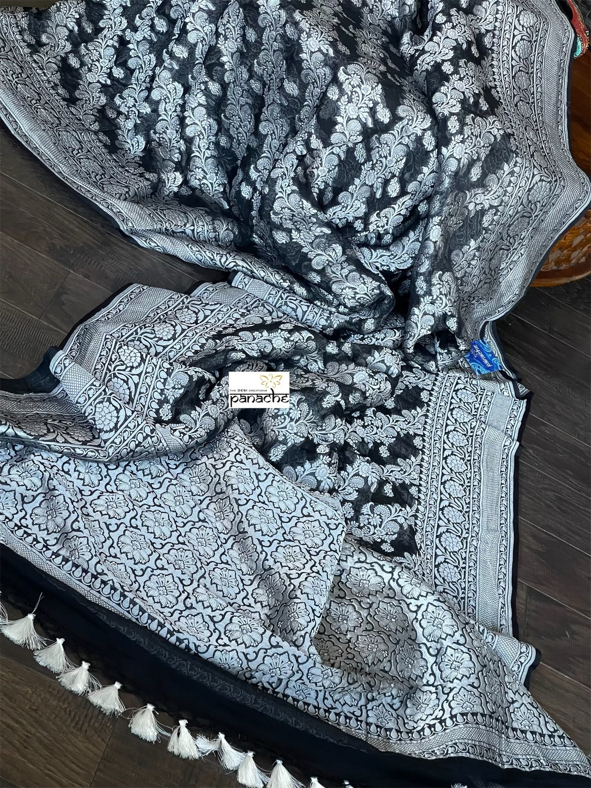 Khaddi Georgette Banarasi - Black Silver Zari
