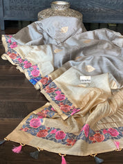 Embroidered Muga Silk - Silver Grey