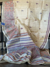 Pure Tussar Silk Kantha Stitch - Beige Multi Color