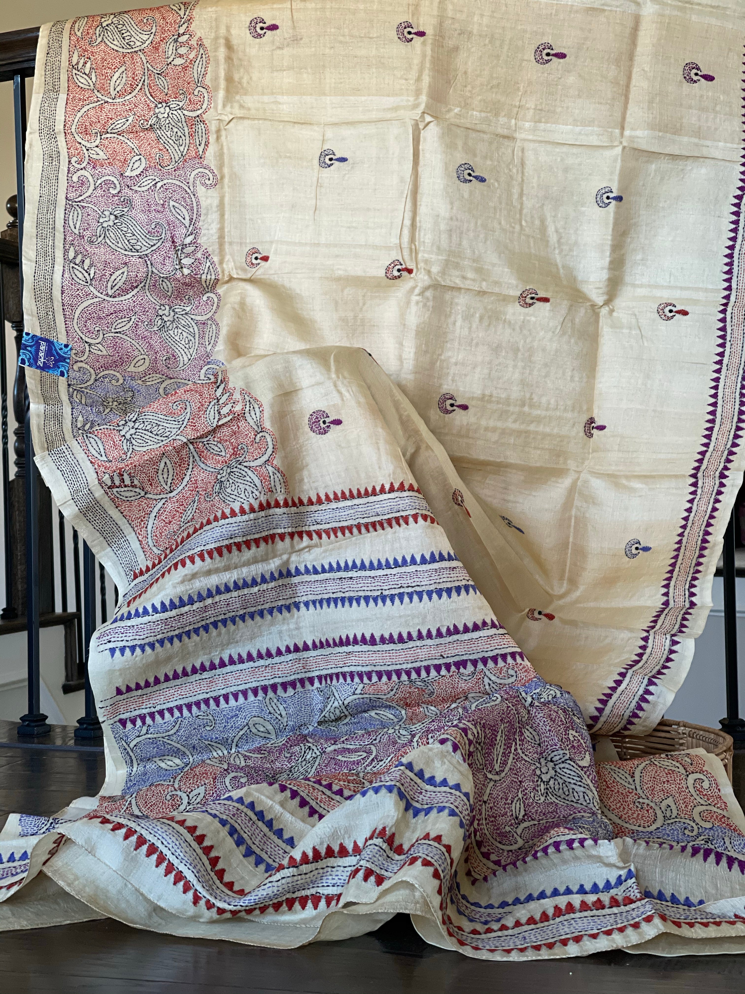Pure Tussar Silk Kantha Stitch - Beige Multi Color