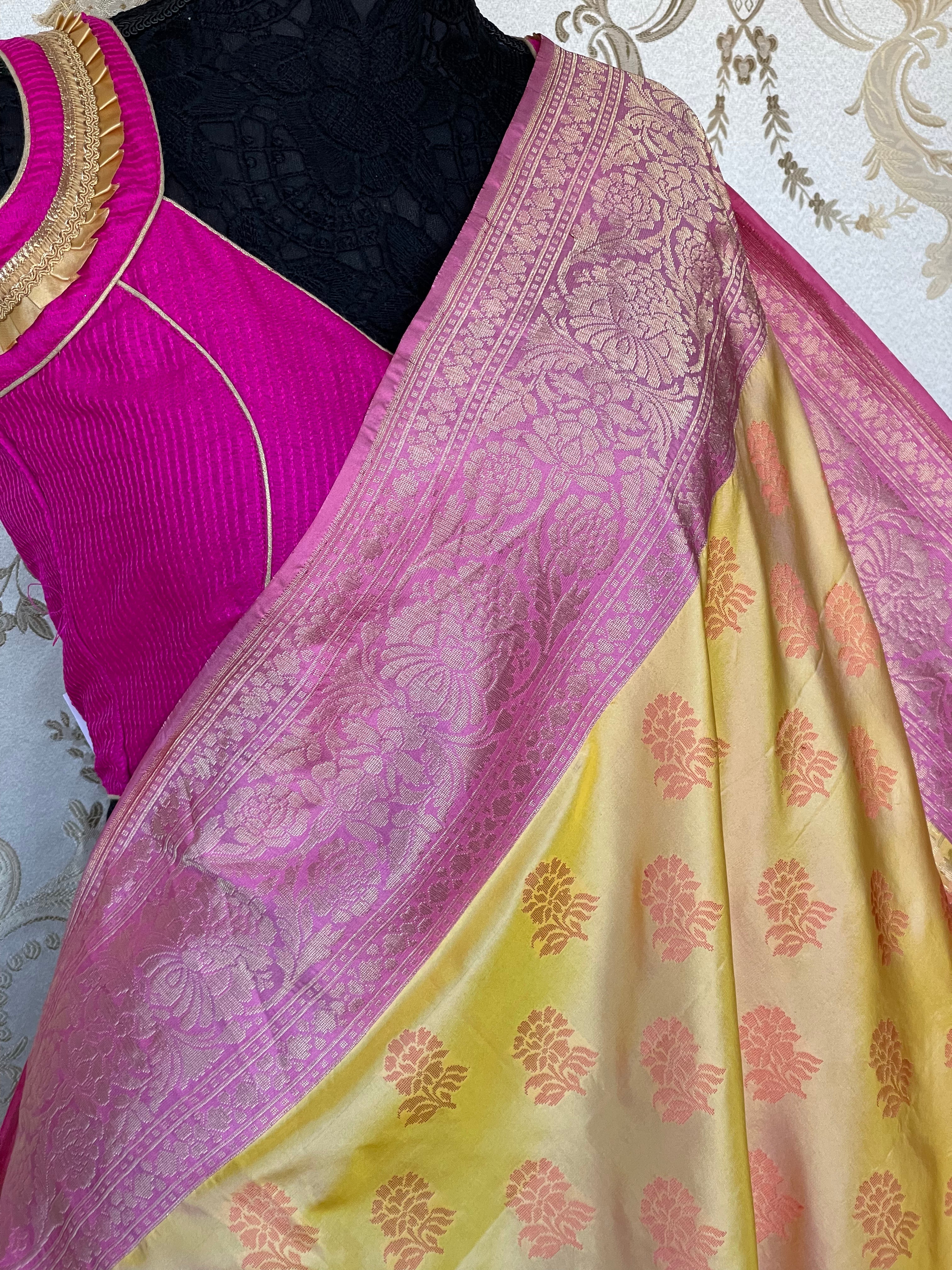 Silk Banarasi - Yellow Pink Resham Woven