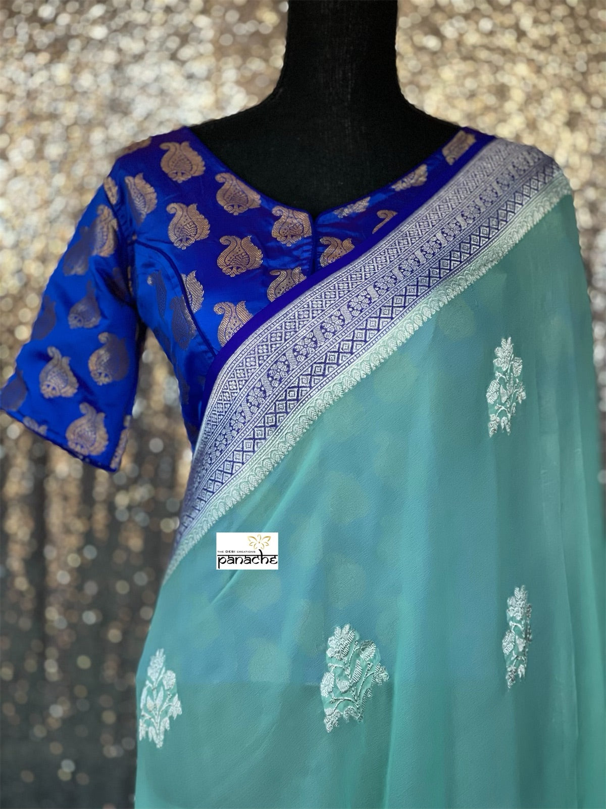 Chiffon Georgette Silk Banarasi - Mint Green Purplish blue