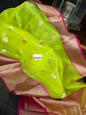Chanderi Organza Silk - Neon Green Magenta Meenakari