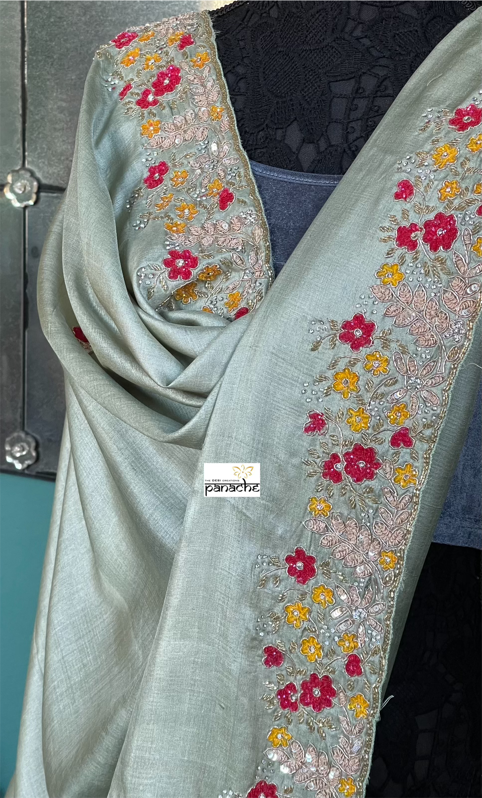 Designer Tussar Silk - Moss Green Hand Embroidered