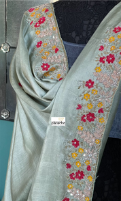 Designer Tussar Silk - Moss Green Hand Embroidered