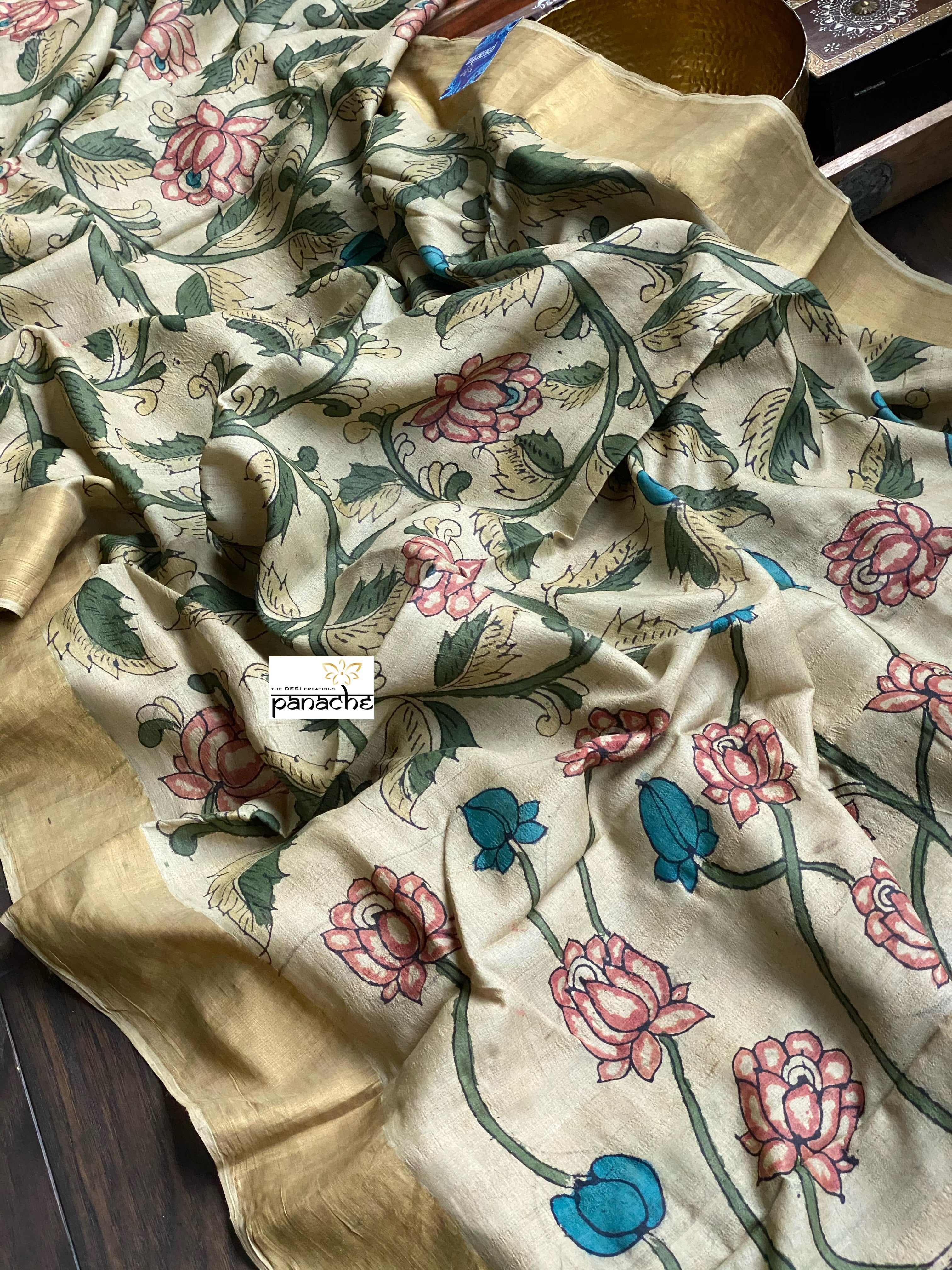 Pen Kalamkari Tussar Silk - Hand-painted Beige Green
