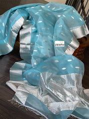 Chanderi Organza Silk - Light Blue Silver Zari
