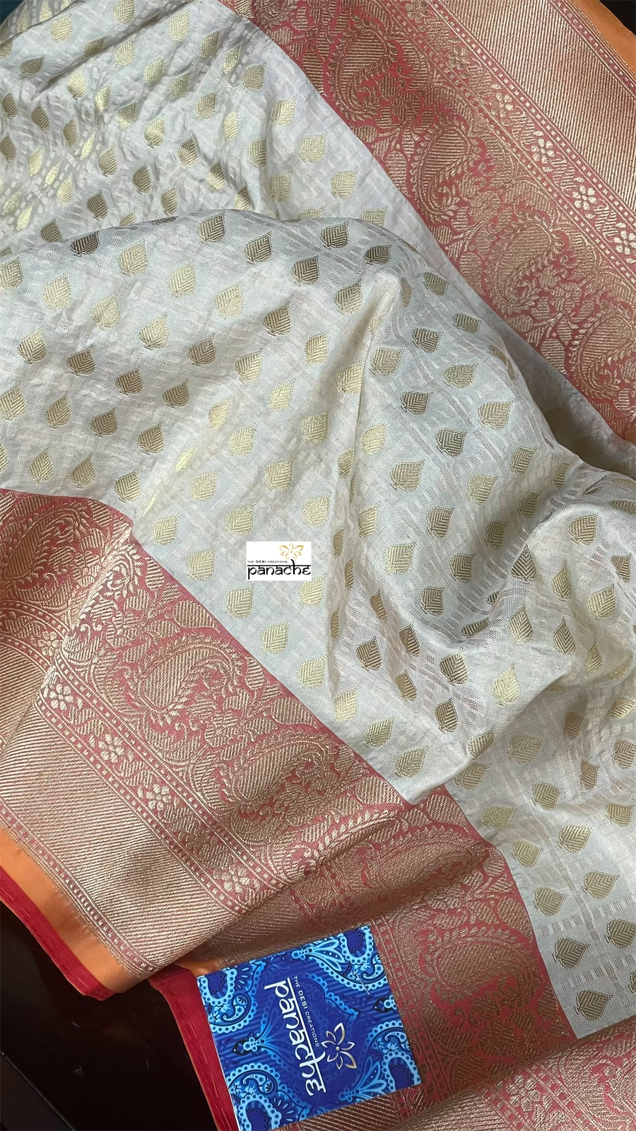 Pure Silk Katan Banarasi- Off-White Checkered