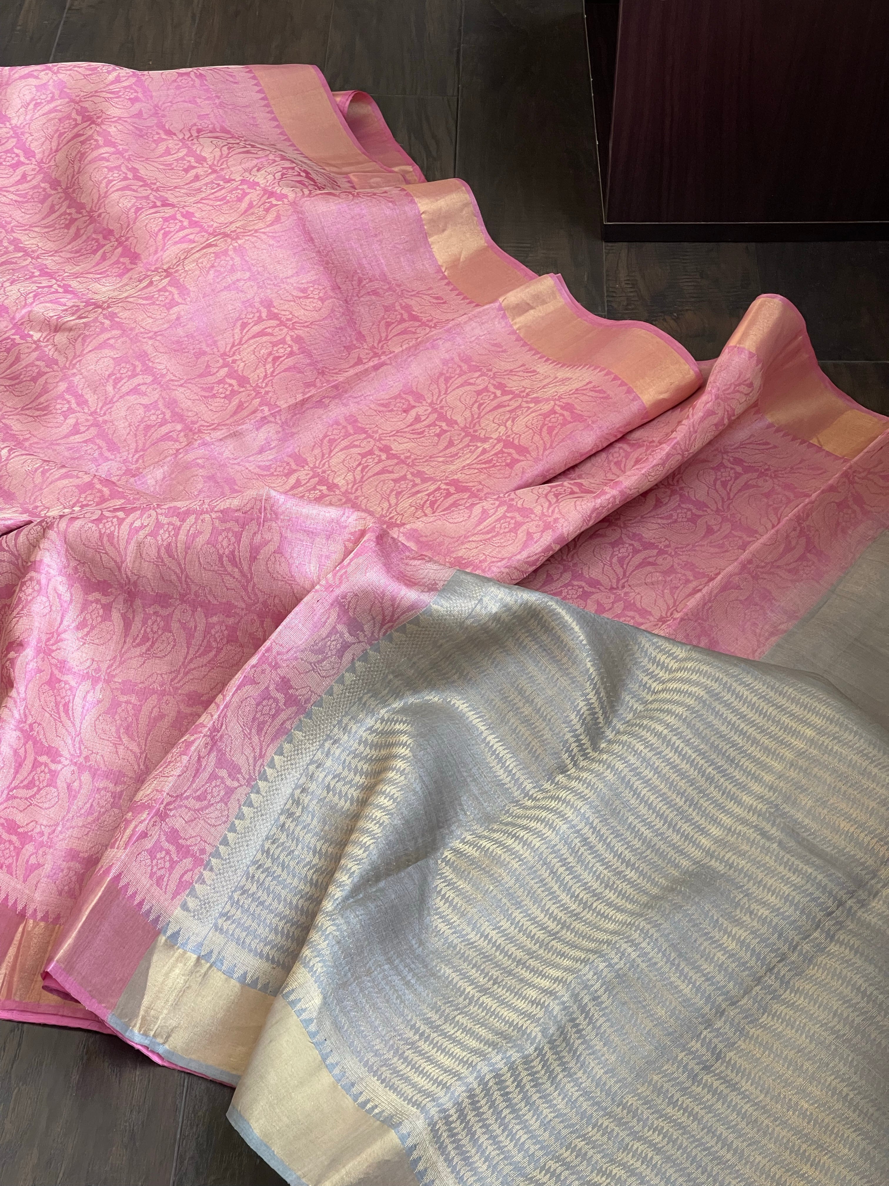 Tussar Silk - Light Pink Grey Resham Woven
