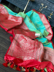 Pure Tassur Silk Banarasi - Sea Green Red