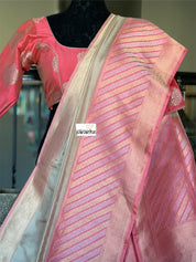 Pure Katan Silk Benarasi - Ivory Pink Golden Silver Zari