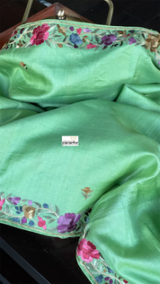 Designer Tussar Silk - Green Parsi Gara Hand Embroidered