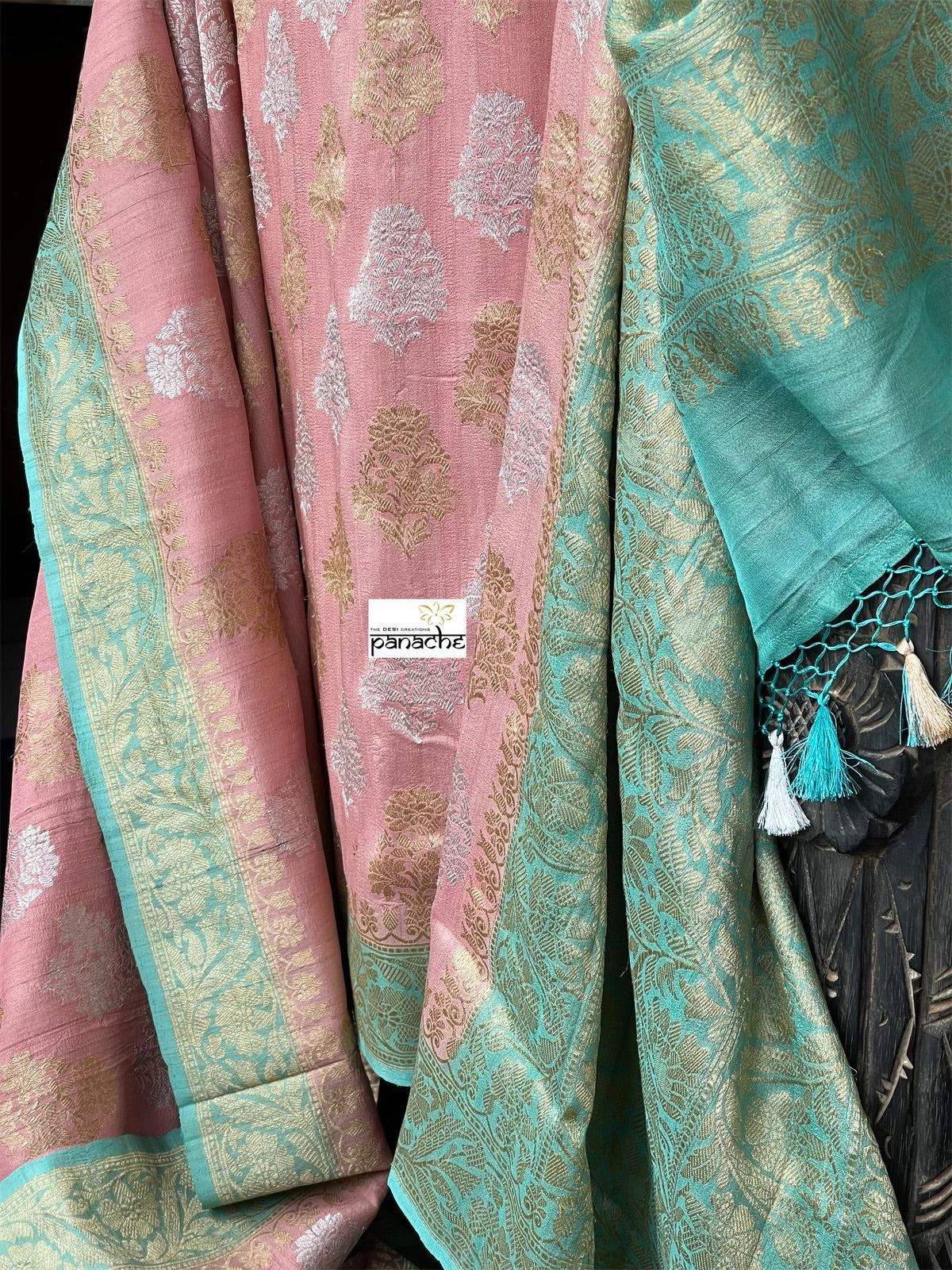 Tussar Georgette Banarasi- Peach Pink Sea Green