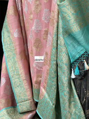 Tussar Georgette Banarasi- Peach Pink Sea Green