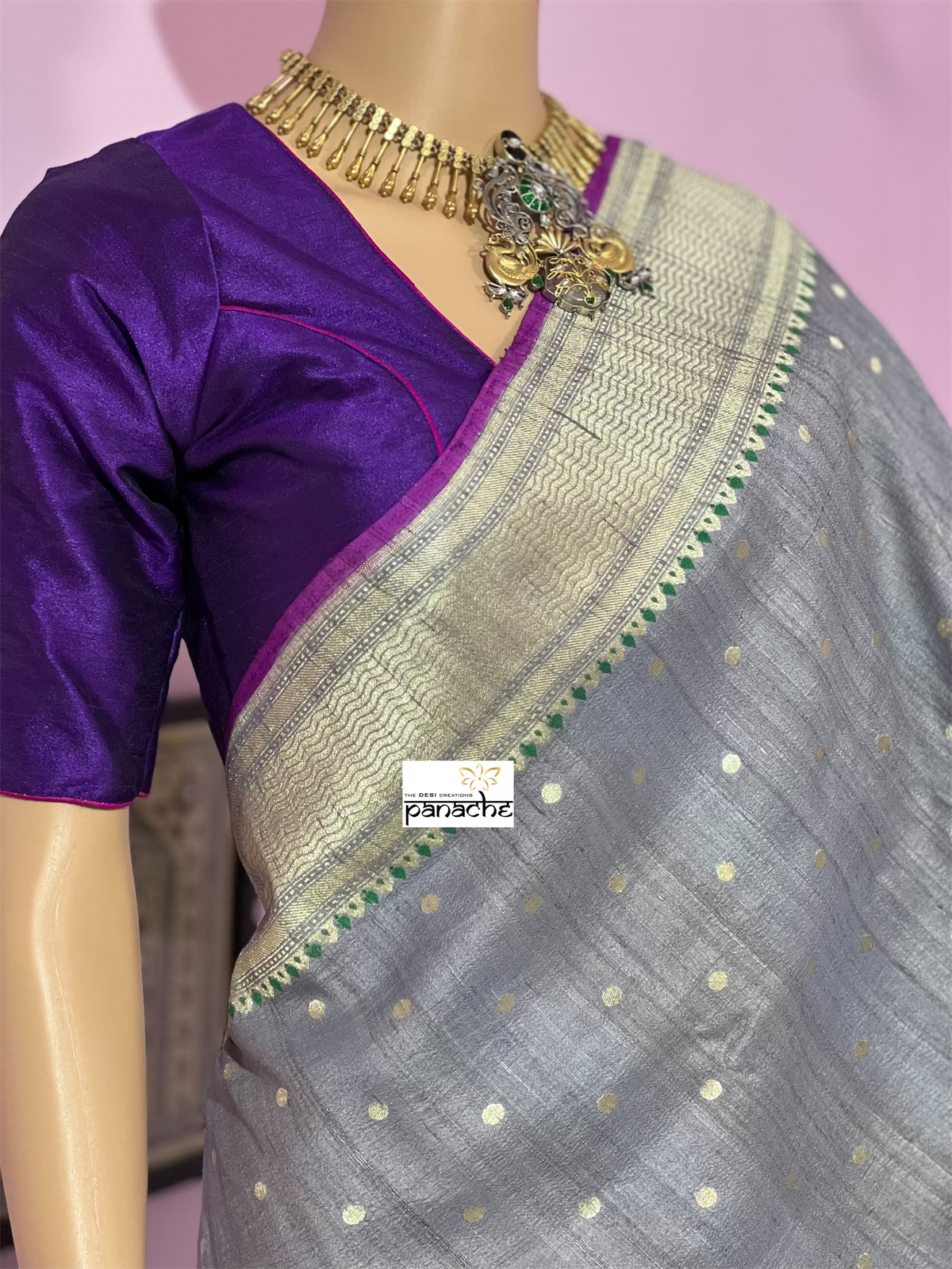 Tussar Georgette Banarasi Paithani - Grey Purple
