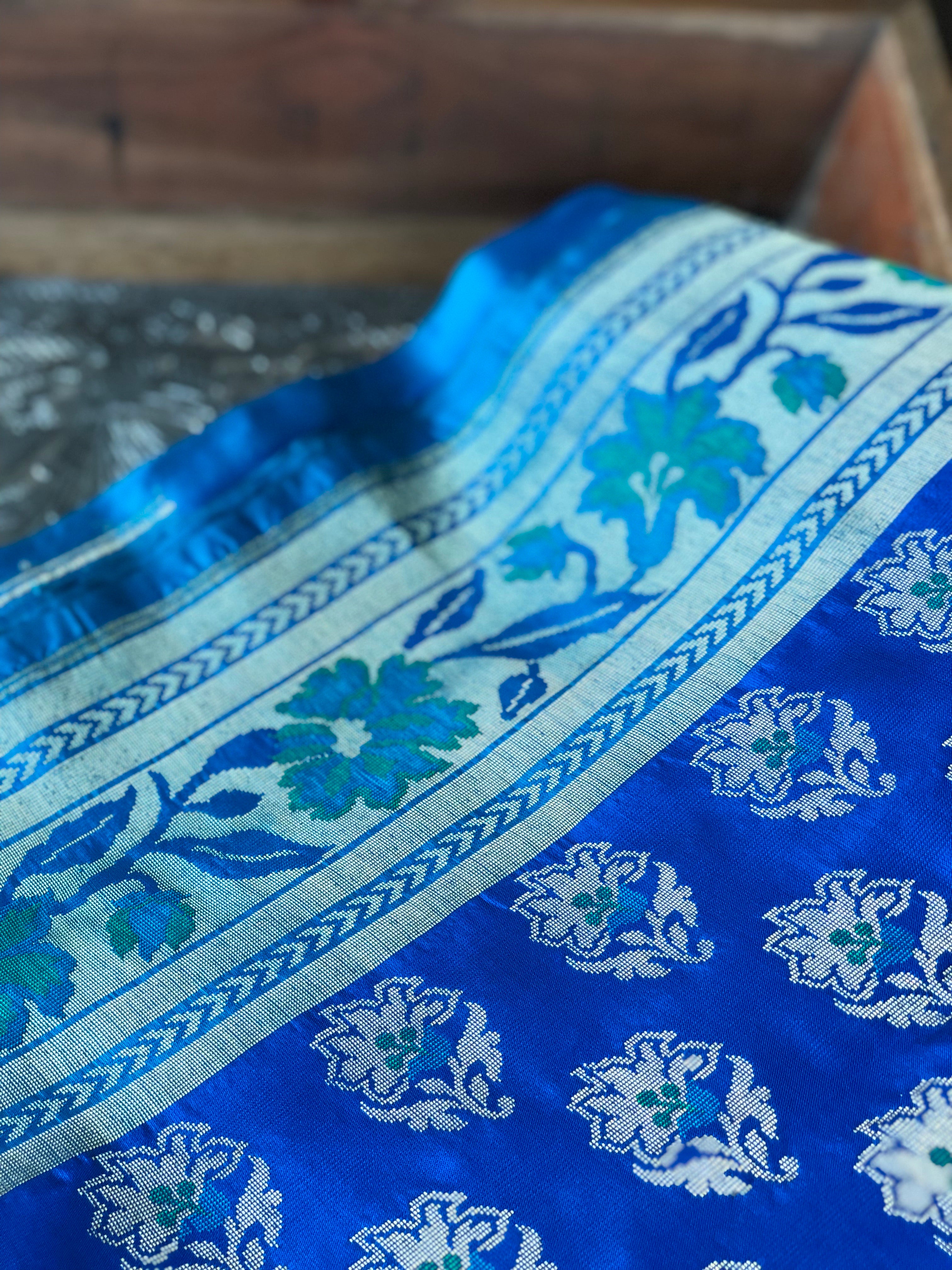 Pure Katan Silk Banarasi - Royal Blue Firozi Antique Zari