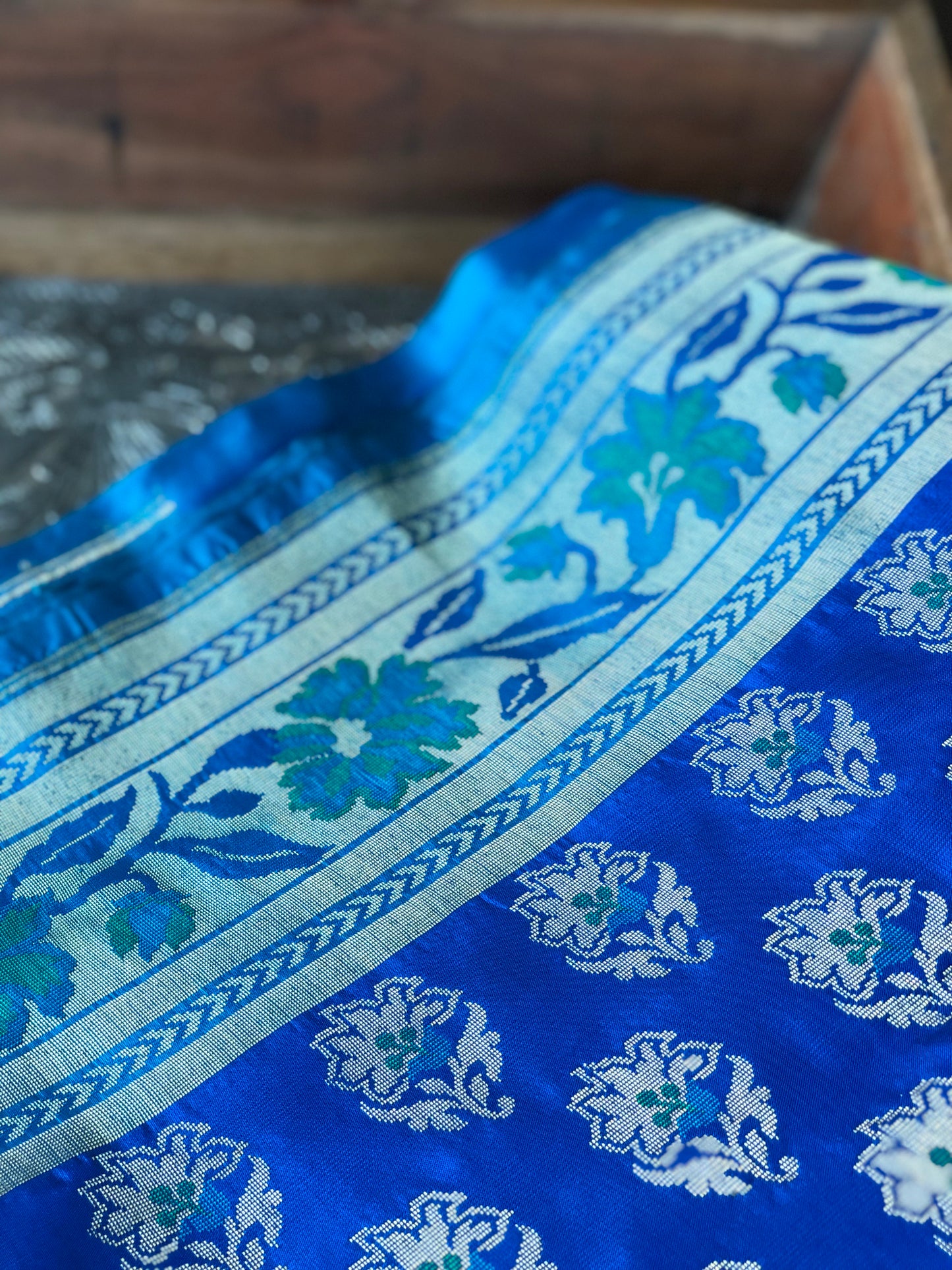 Pure Katan Silk Banarasi - Royal Blue Firozi Antique Zari