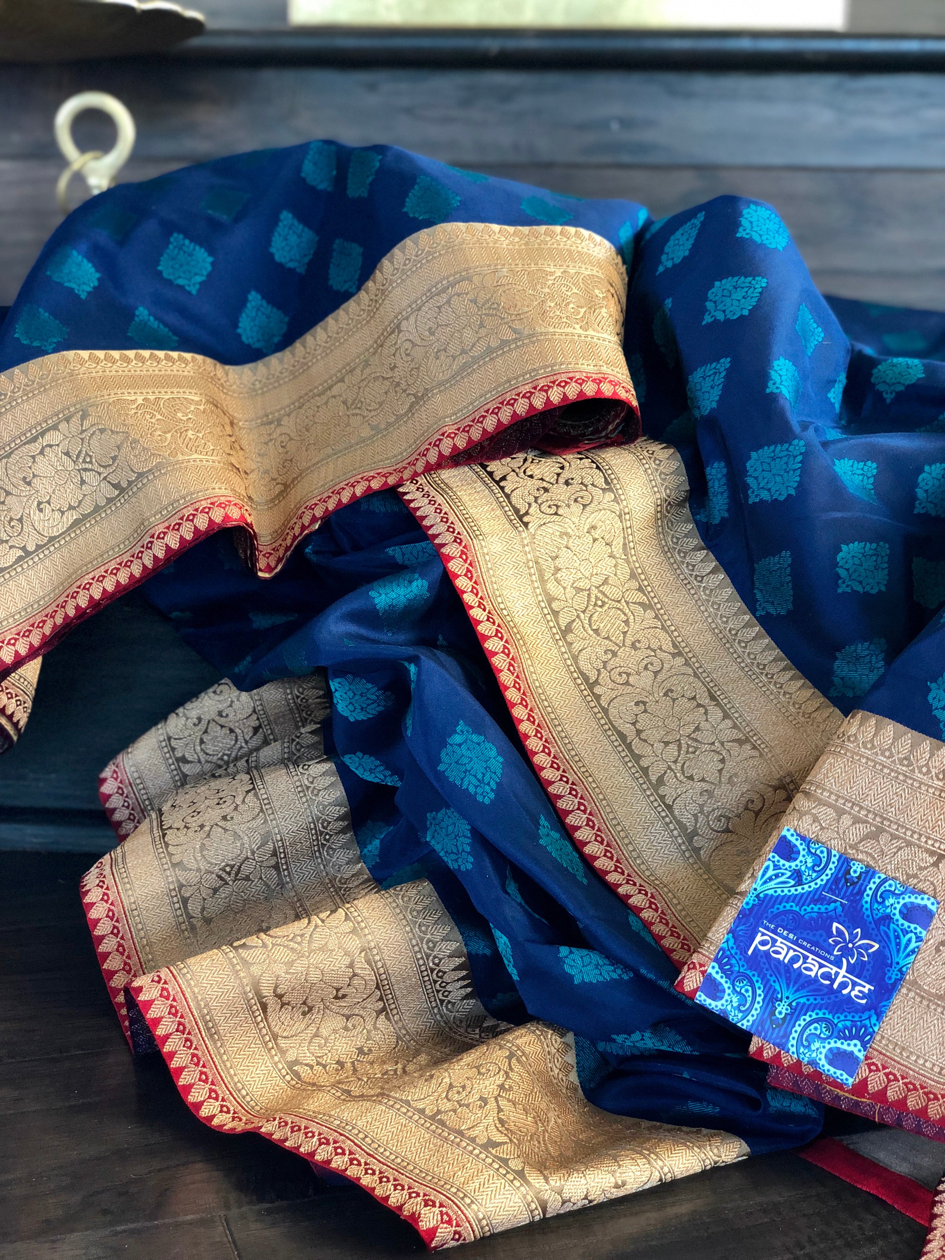 Pure Katan Silk Banarasi - Blue Firozi Antique Zari