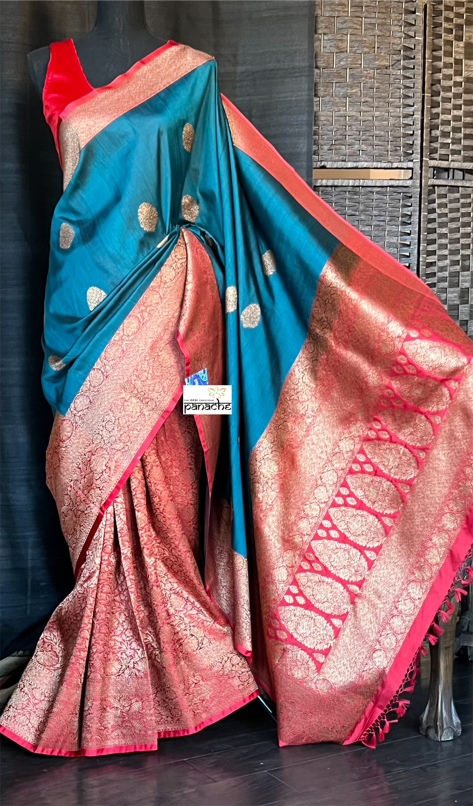 Tussar Silk Banarasi - Teal Blue Red Patli Pallu