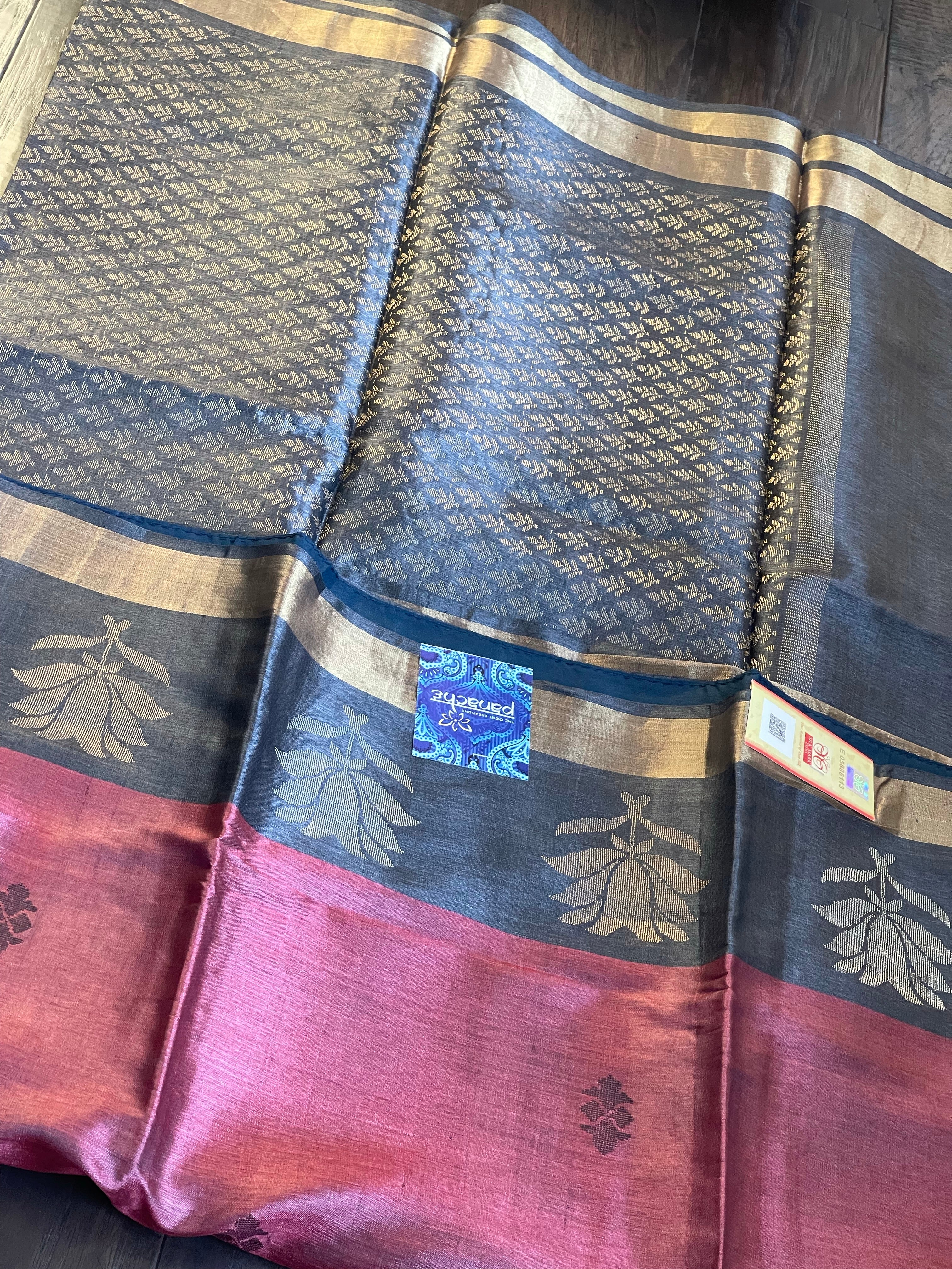 Pure Tussar Silk Woven - Maroon Charcoal Grey