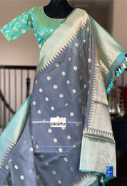 Organza Silk Banarasi - Grey Sea Green Kadwa Motifs