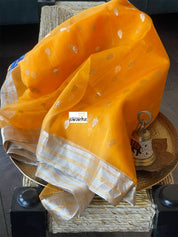 Pure Chanderi Organza Silk - Orangish Yellow Silver Zari