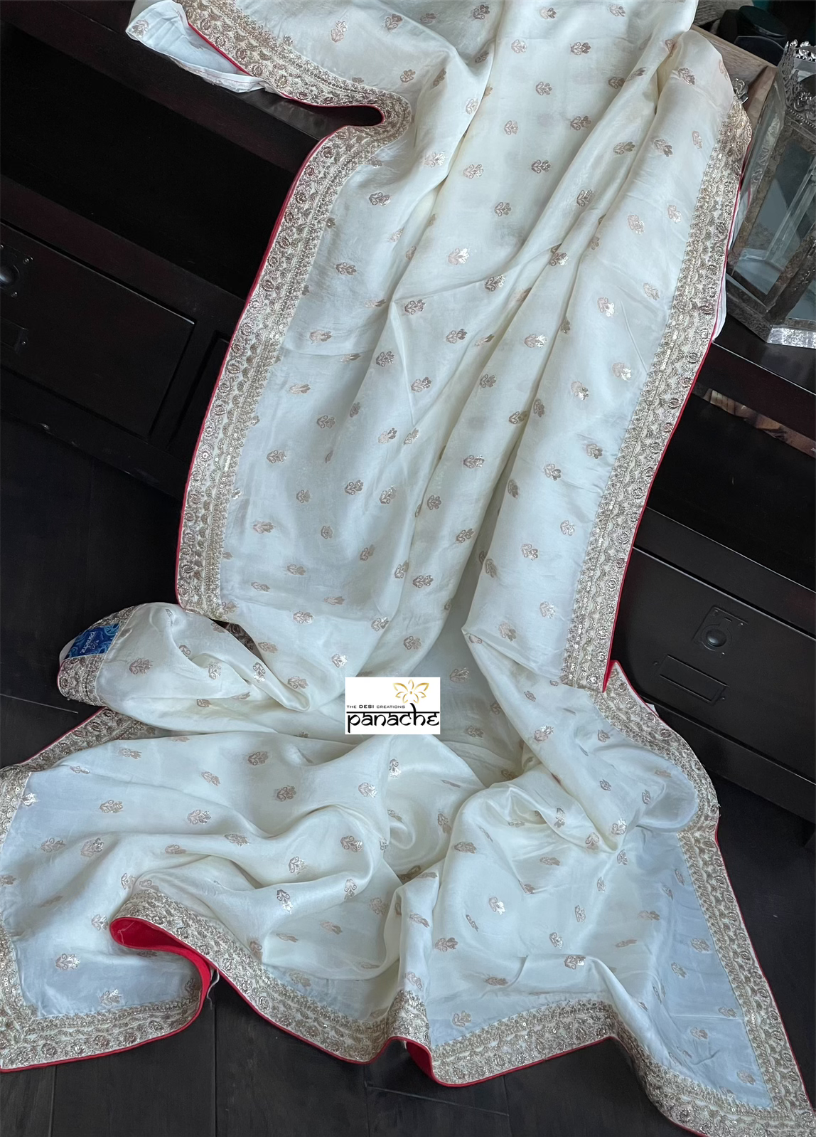 Designer Soft Silk - Off-White Cream Gold Zari
