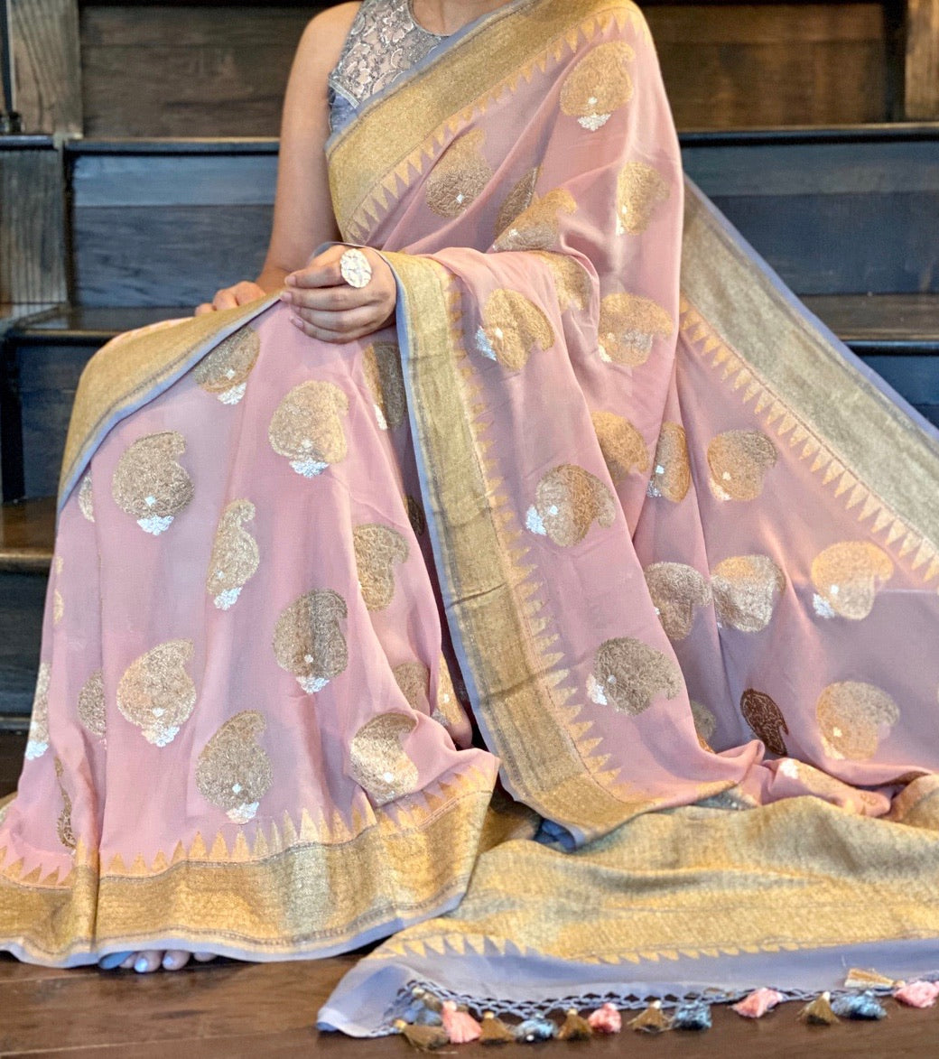 Pure Khaddi Georgette Banarasi - Pale Pink Grey Kadwa Woven