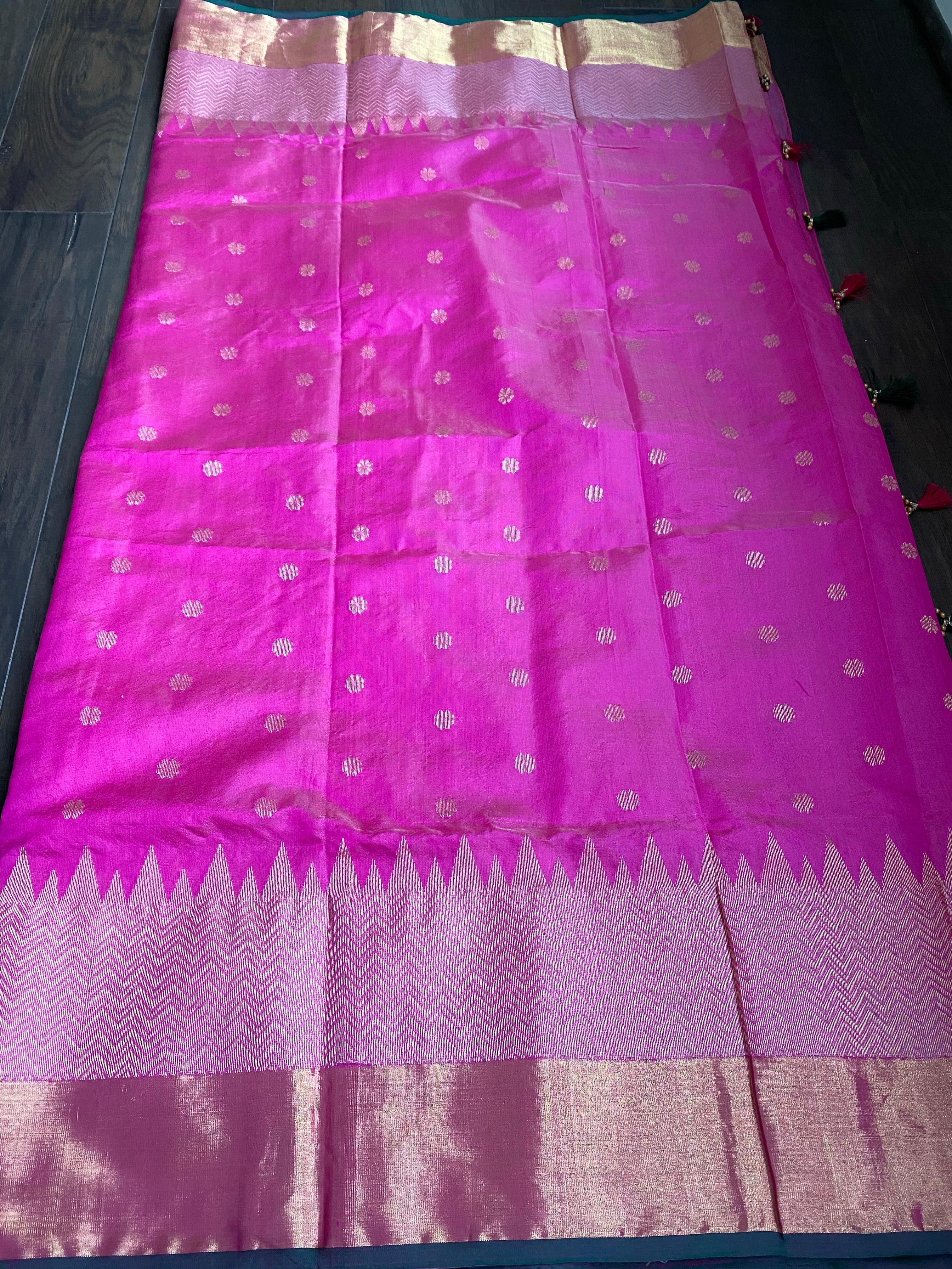 Pure Chanderi Pattu Silk - Magenta Pink Green Golden Silver Zari Woven