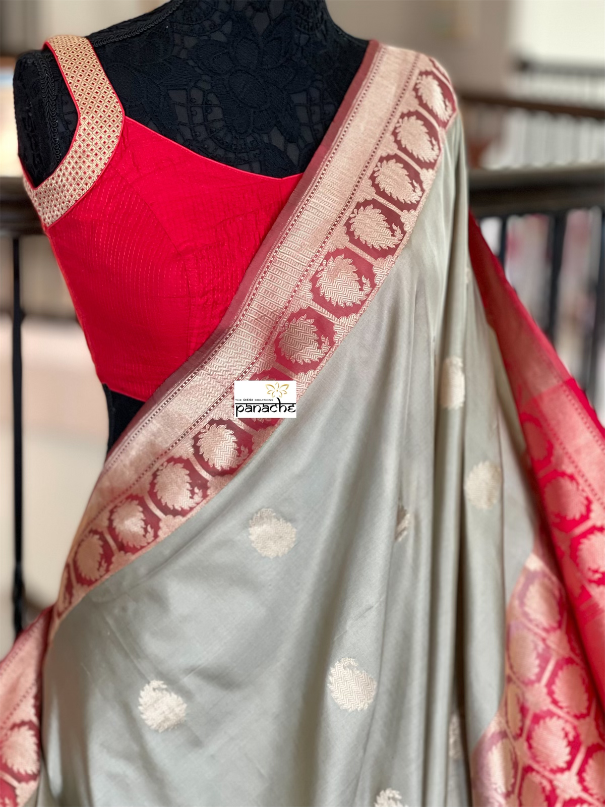 Pure Katan Silk Banarasi - Grey Red