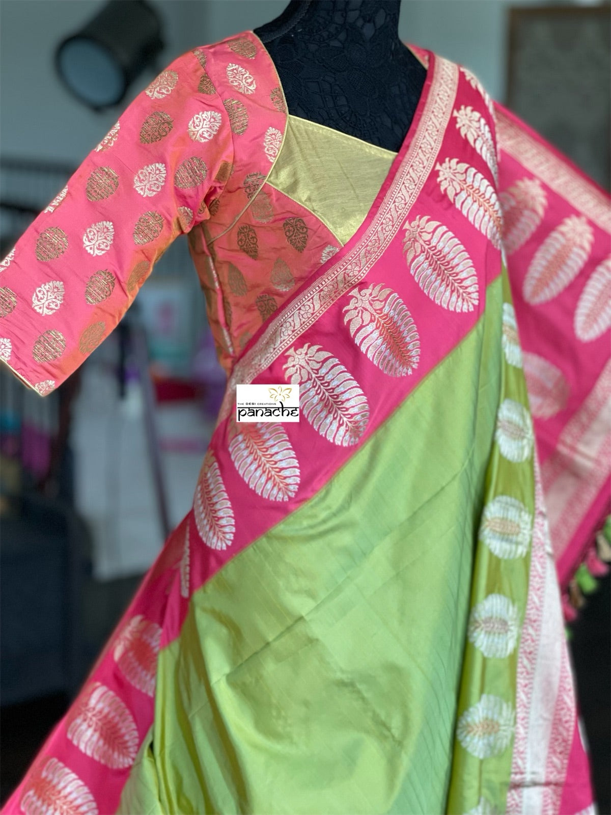 Pure Silk Katan Banarasi - Pista Green Pink