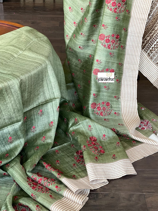 Tussar Silk - Moss Green Embroidered