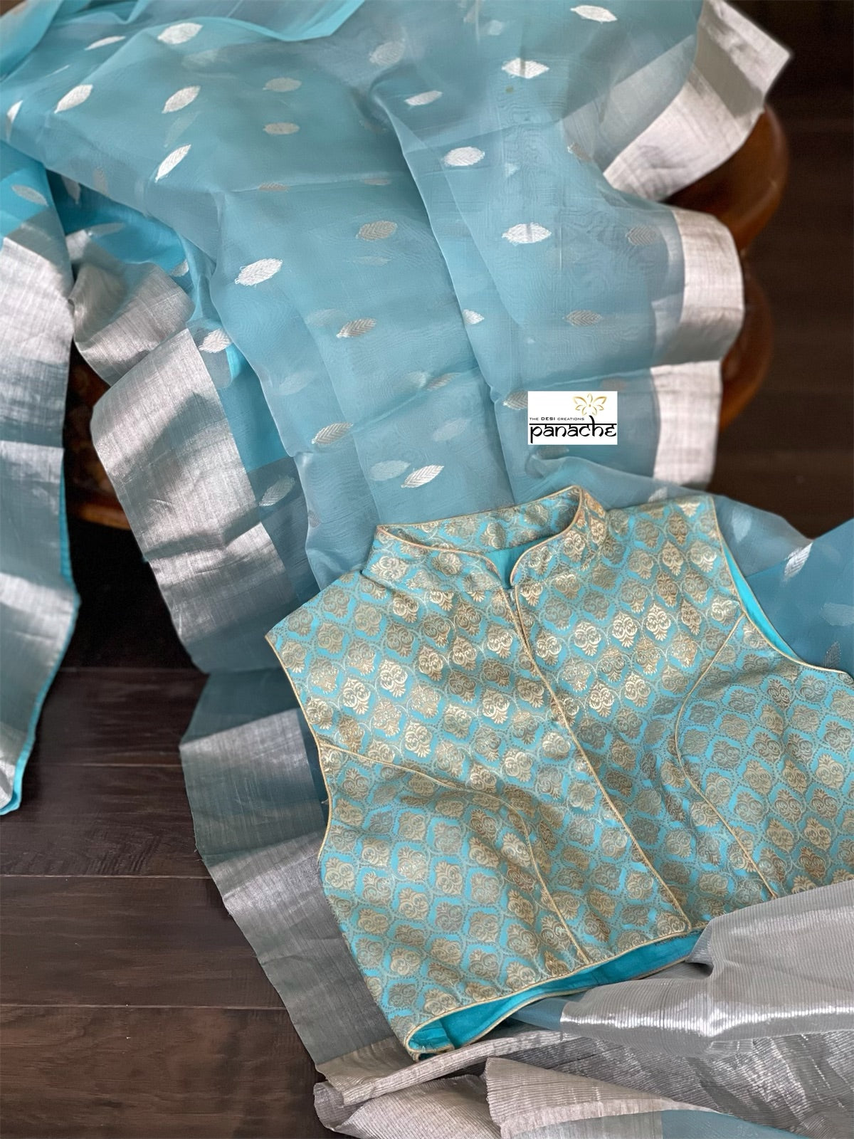 Chanderi Organza Silk - Light Blue Silver Zari