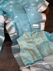 Chanderi Organza Silk - Light Blue Silver Zari
