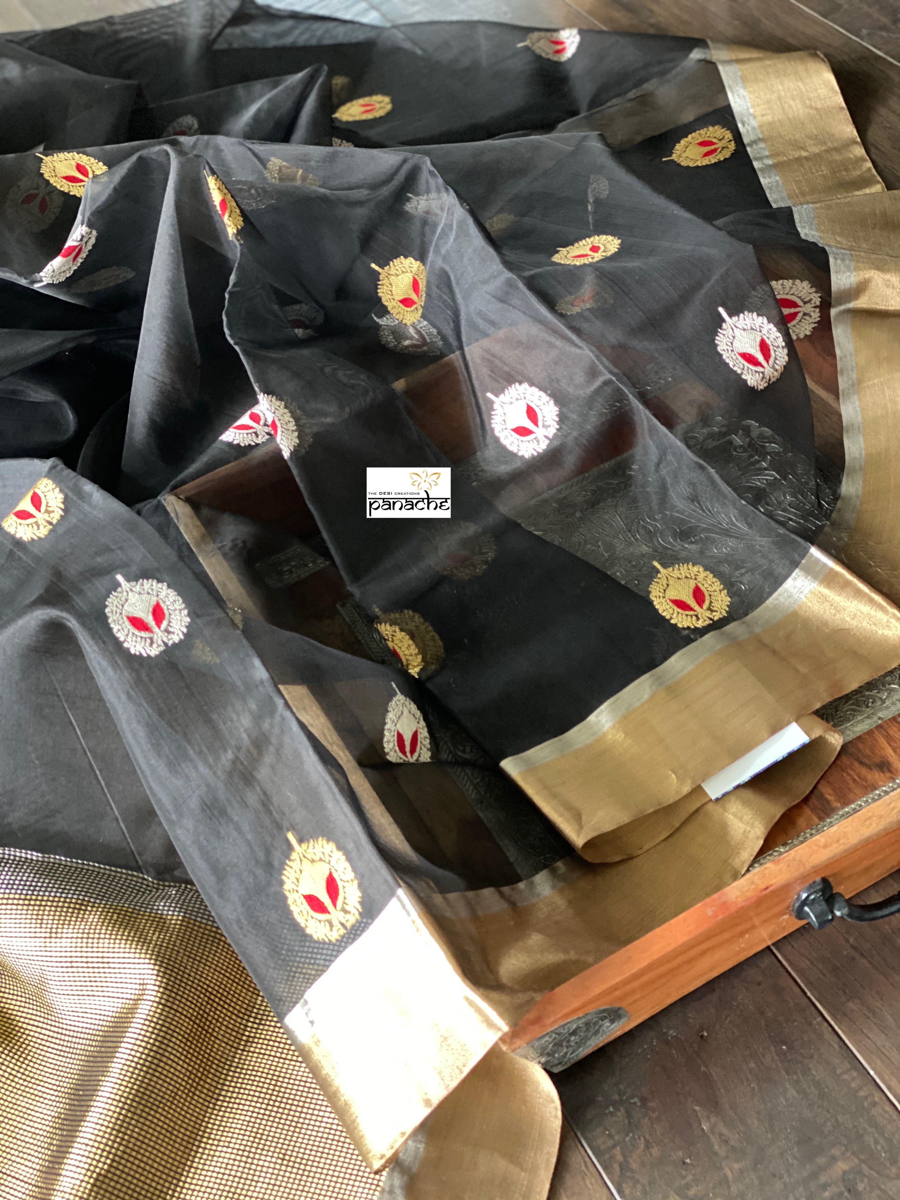 Pure Chanderi Katan Silk - Black Meenakari