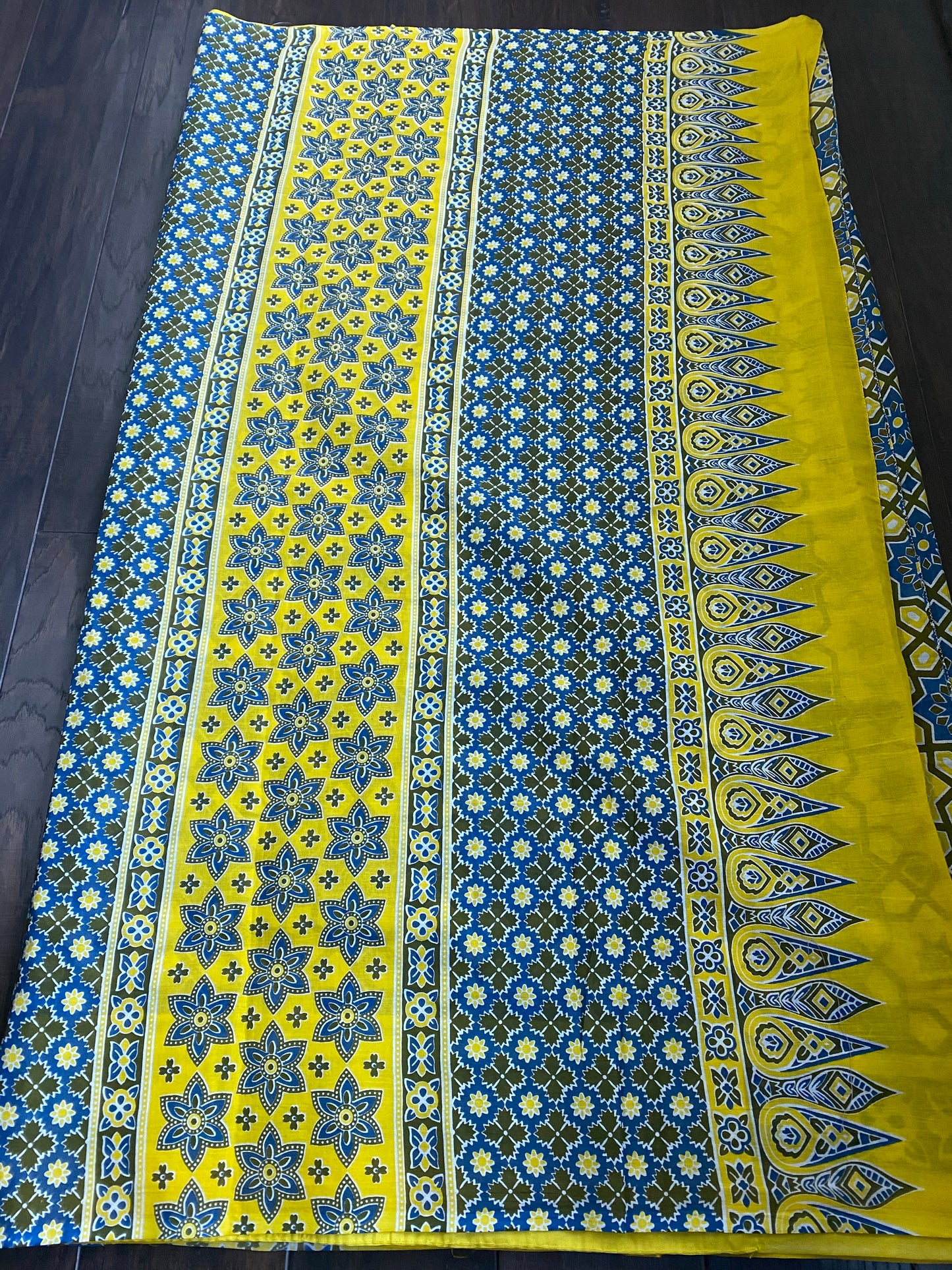 Soft Cotton Ajrakh Saree - Yellow Blue Printed