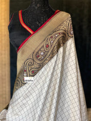 Pure Katan Silk Banarasi - Offwhite Black Checkered Kadwa Woven