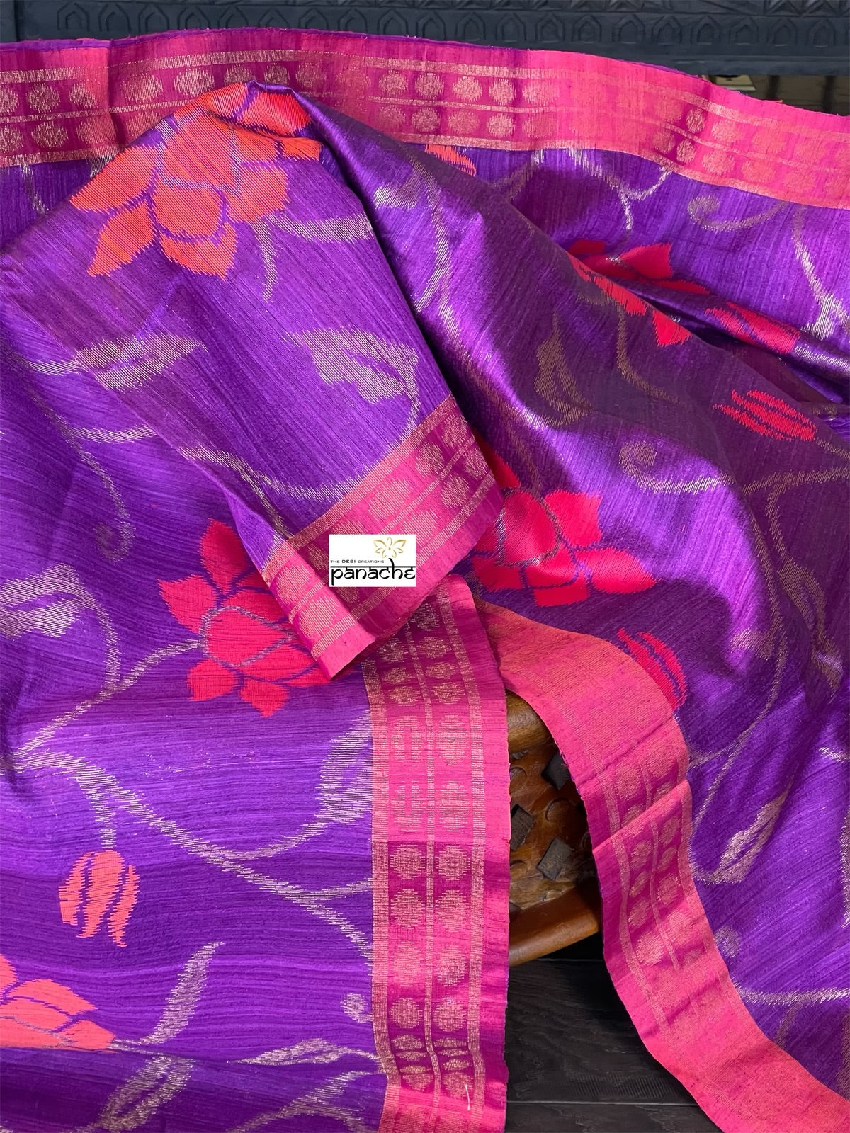 Tussar Dupion Silk Banarasi - Purple Red Meenakari