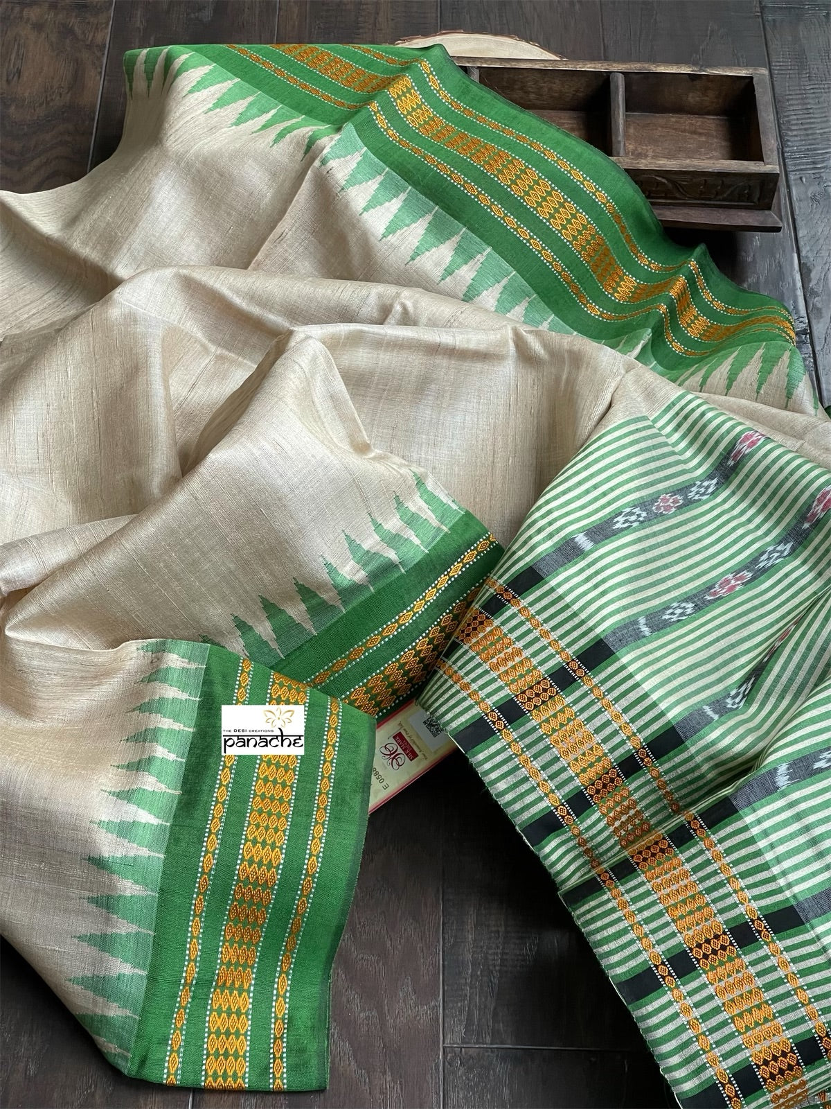 Tussar Silk - Beige Green Mustard