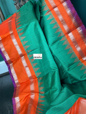 Silk Gadwal - Green Orange Checkered Golden Zari